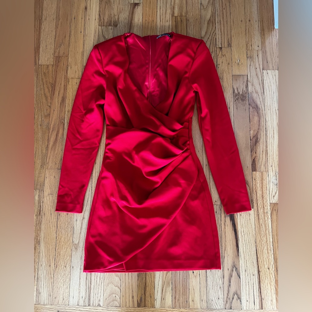 NEW! Zara Red wrap mini dress faux wrap front long sleeve tulip hem XS